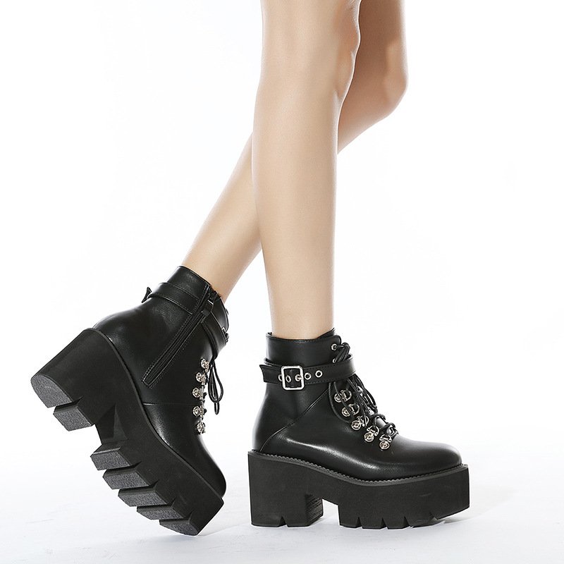 European and American Thick Soled Sloping Boots with Metal Buckle Round Toe Women's Boots Belt Large Motorcycle Women's Boots