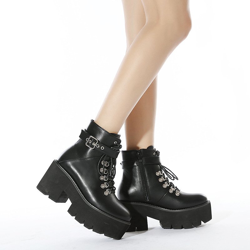 European and American Thick Soled Sloping Boots with Metal Buckle Round Toe Women's Boots Belt Large Motorcycle Women's Boots