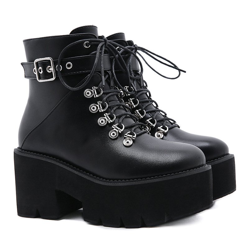 European and American Thick Soled Sloping Boots with Metal Buckle Round Toe Women's Boots Belt Large Motorcycle Women's Boots