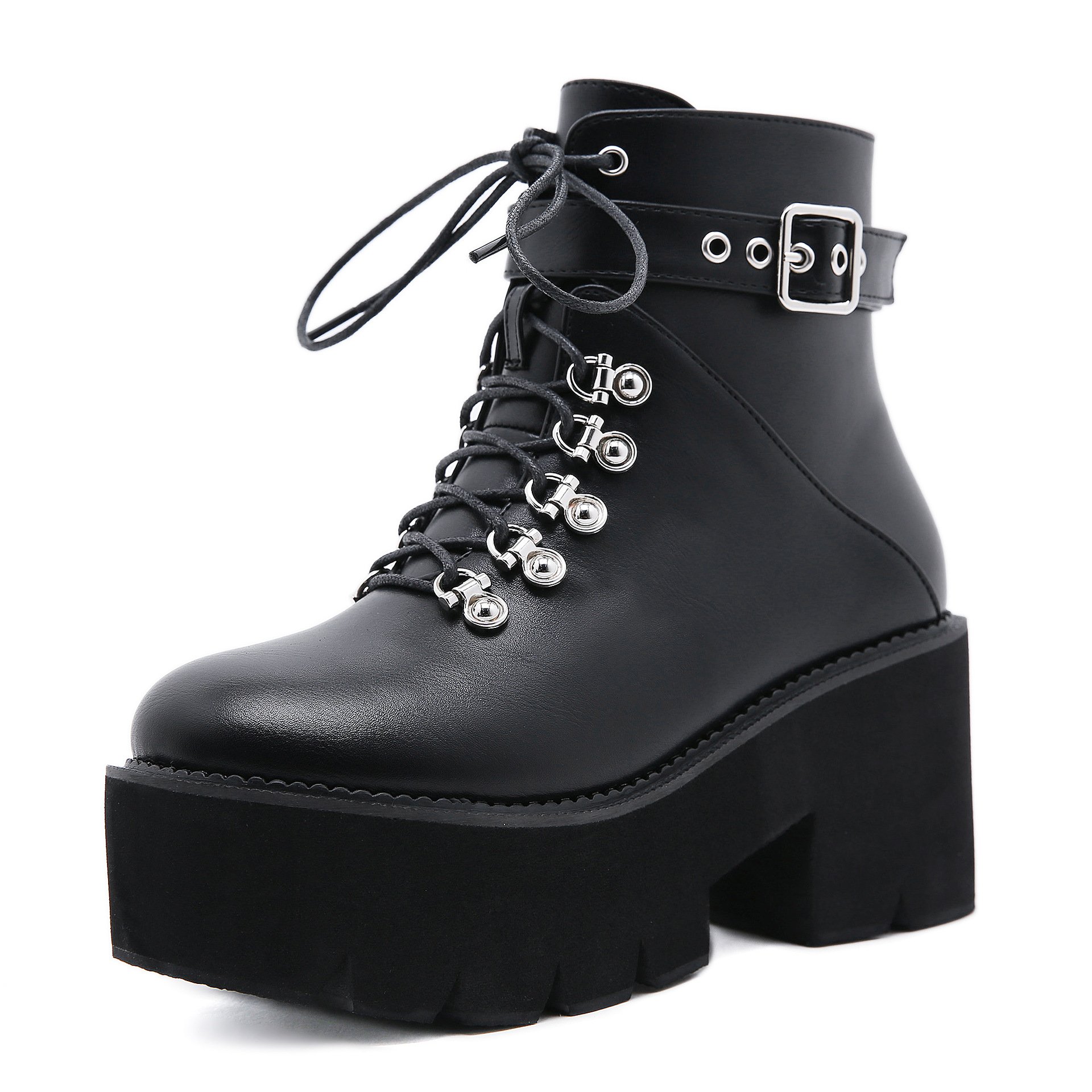 European and American Thick Soled Sloping Boots with Metal Buckle Round Toe Women's Boots Belt Large Motorcycle Women's Boots
