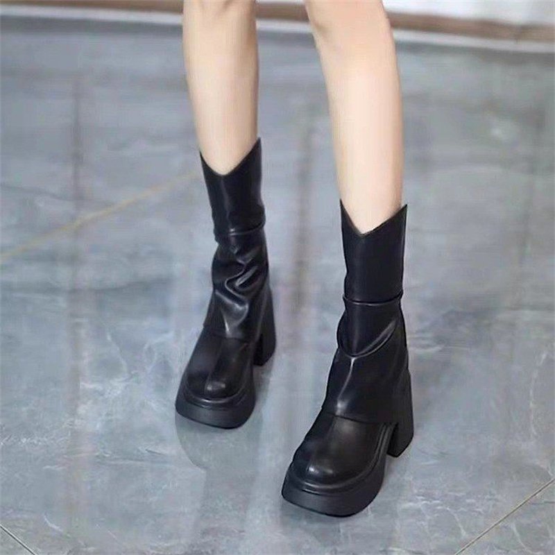HANO Fashionable Temperament Versatile Motorcycle Boots Heap Boots Thick Sole Back Zipper Women's Ankle Footwear Boots Female