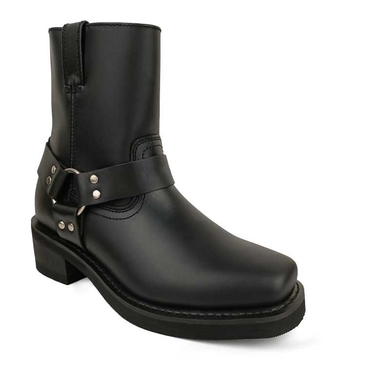 Black Genuine Leather Welted Motorcycle Boots Wide Toe