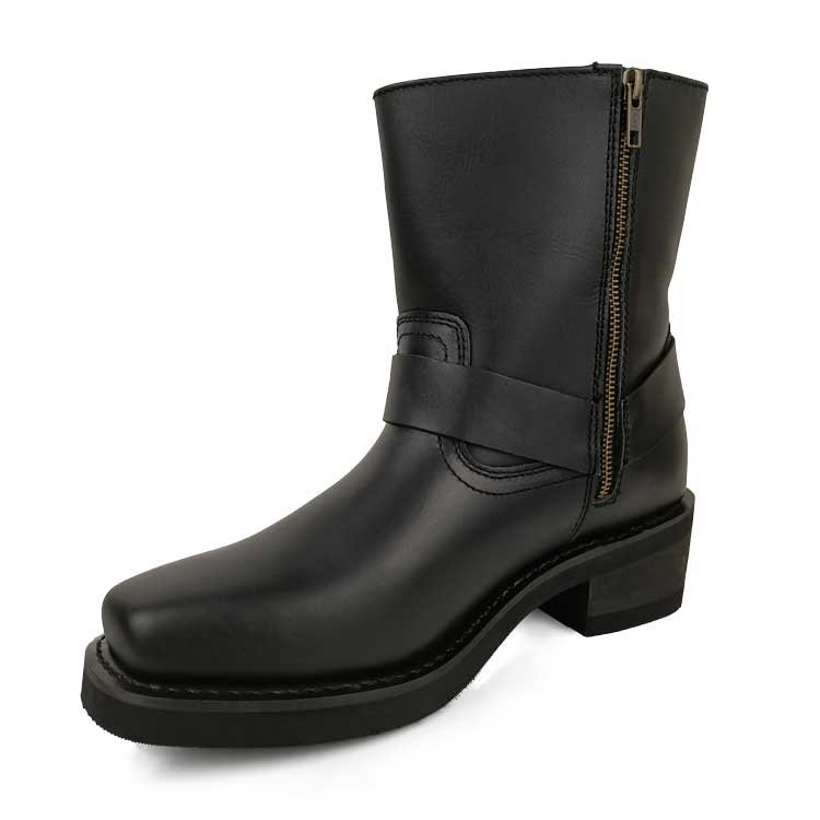 Black Genuine Leather Welted Motorcycle Boots Wide Toe