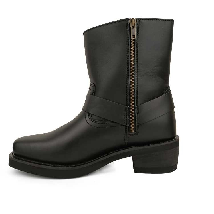 Black Genuine Leather Welted Motorcycle Boots Wide Toe