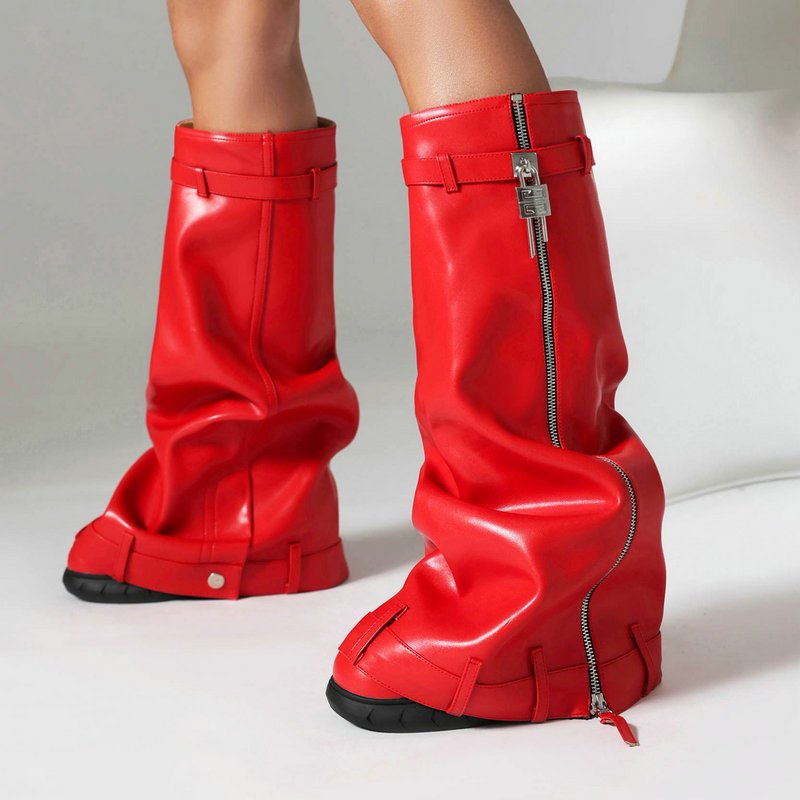 New Fold Over Wedge Shark PU Leather Boots Combat Quality Hiking Fashion Women's Boots Red Boots Women Shoes