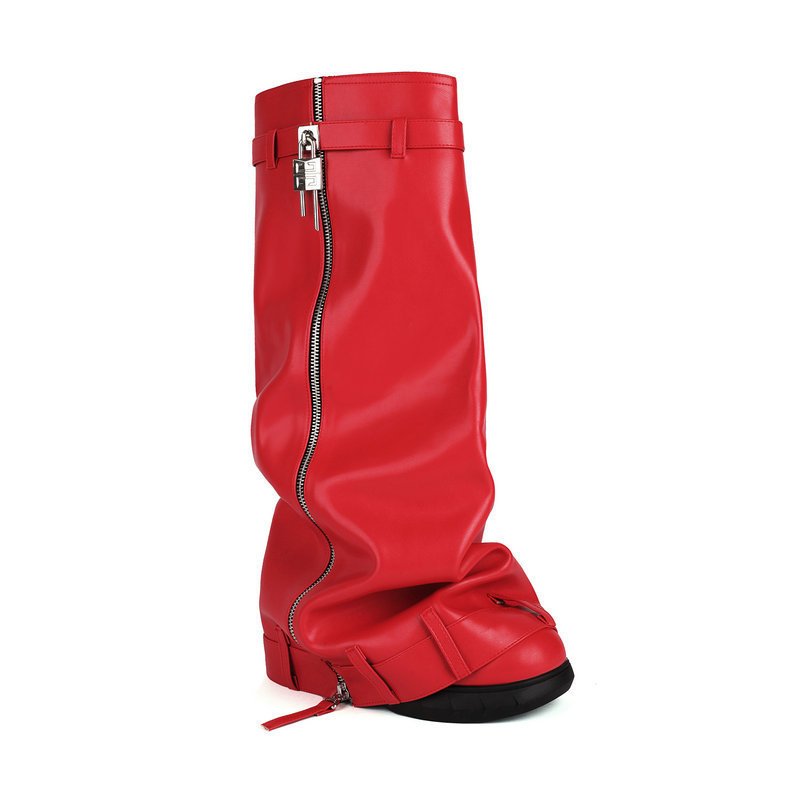 New Fold Over Wedge Shark PU Leather Boots Combat Quality Hiking Fashion Women's Boots Red Boots Women Shoes