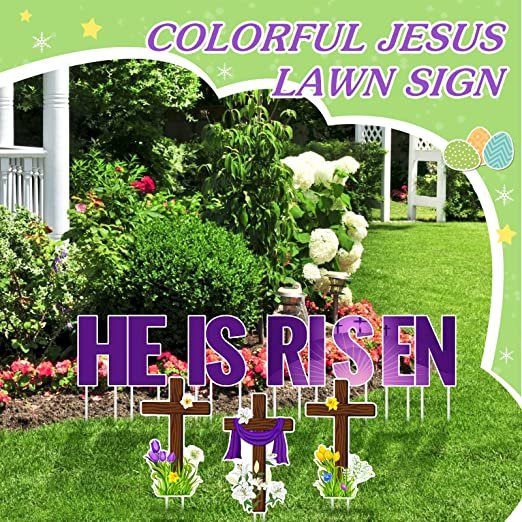 Happy Easter He Is Risen Yard Sign Religious Easter Decorations Outdoor with Stakes Cross Easter Waterproof Christian Pathway