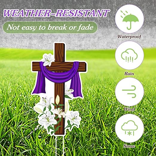 Happy Easter He Is Risen Yard Sign Religious Easter Decorations Outdoor with Stakes Cross Easter Waterproof Christian Pathway