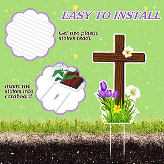 Happy Easter He Is Risen Yard Sign Religious Easter Decorations Outdoor with Stakes Cross Easter Waterproof Christian Pathway