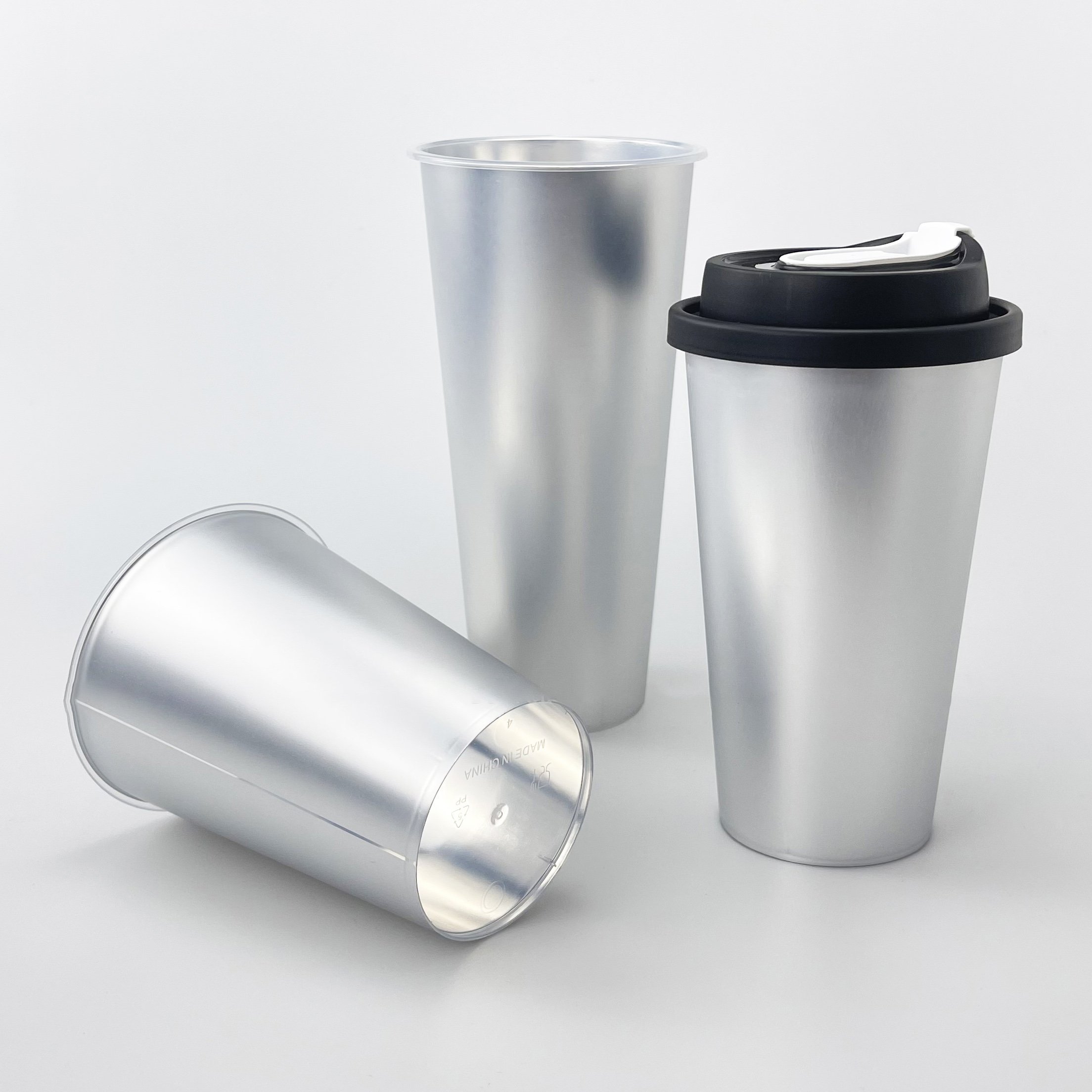 New Style Bright/Matte Film Silver PP Injection Molded Cup Cold Drink Disposable Reusable Plastic In Mold Cups