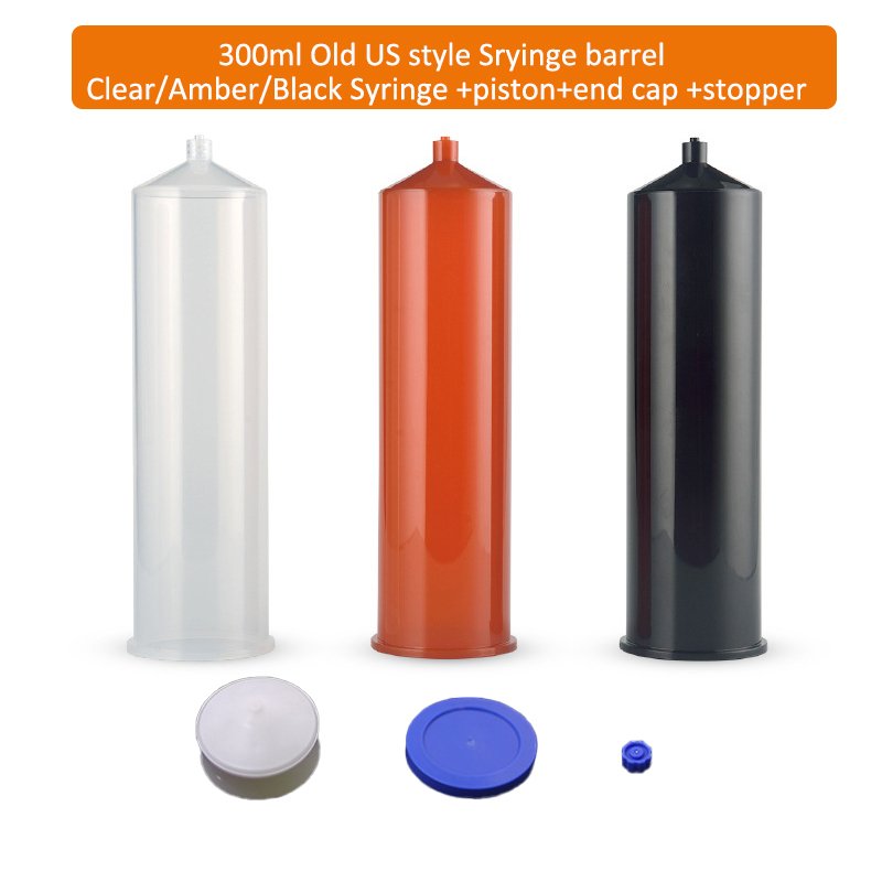 300ml glue dispenser syringe barrels luer screw cap black for polychloroprene adhesive dispensing machine amber color