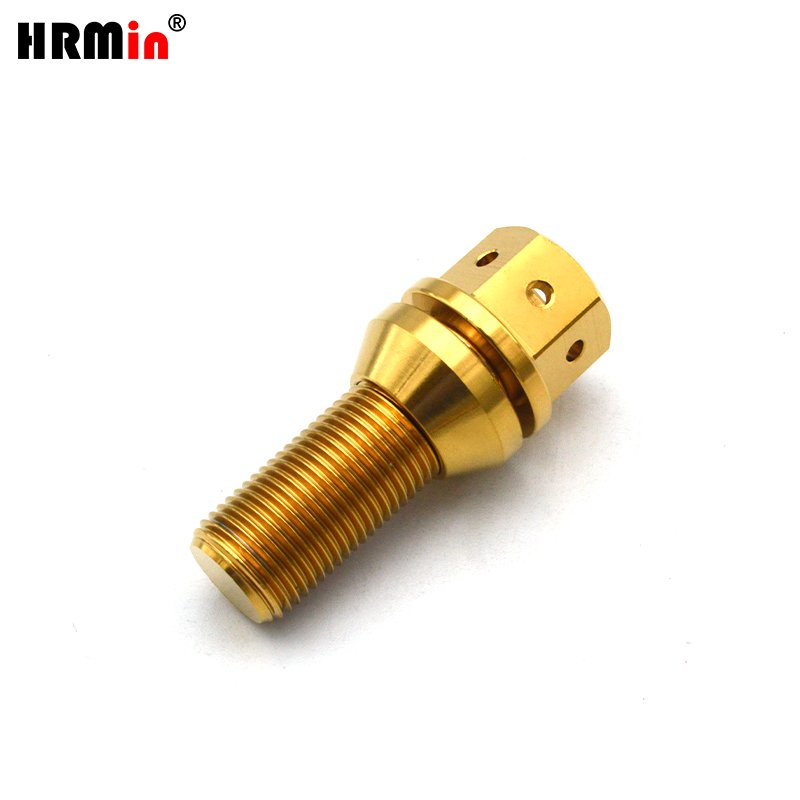 HRmin Gold Color 17mm Drilled Hex Floating Cone Seat Gr.5 Titanium Ti-6Al-4V Automobile Vehicle Car Wheel Bolts M12x1.5x28mm