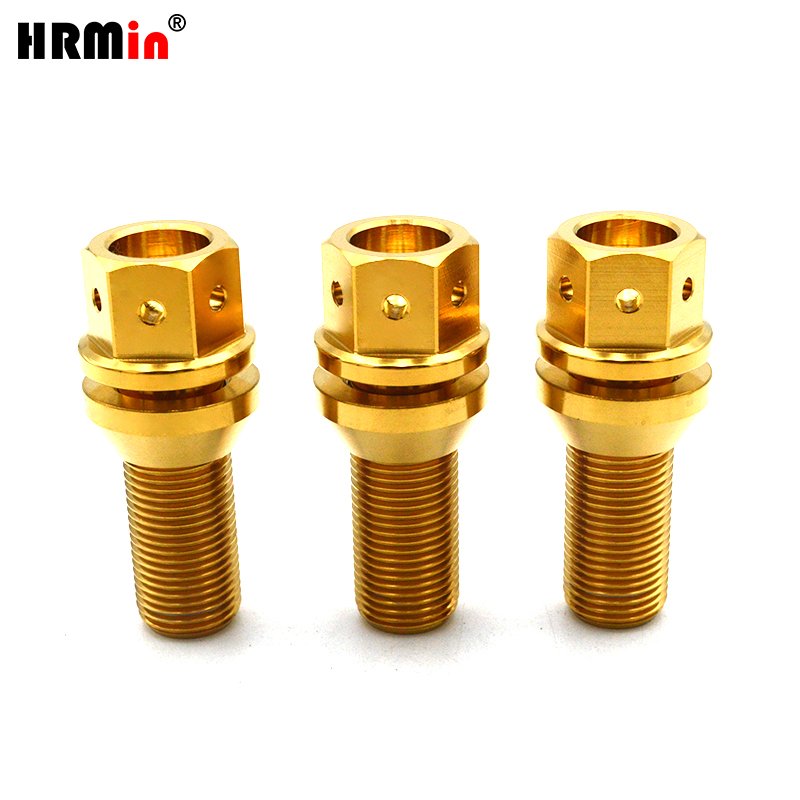 HRmin Gold Color 17mm Drilled Hex Floating Cone Seat Gr.5 Titanium Ti-6Al-4V Automobile Vehicle Car Wheel Bolts M12x1.5x28mm