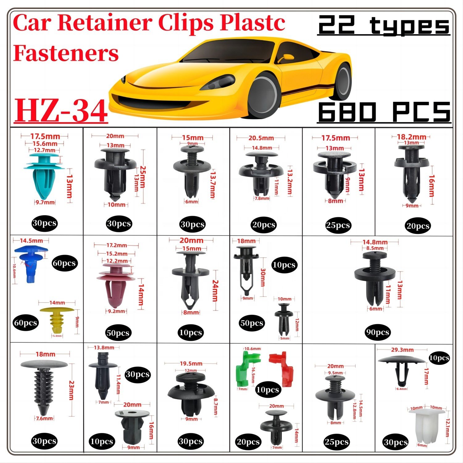 680PCS 23 Kinds Car Plastic Fastener Clips Set Mixed Auto Body Push Retainer Pin Rivet Bumper Door Trim Panel Fastener Clip