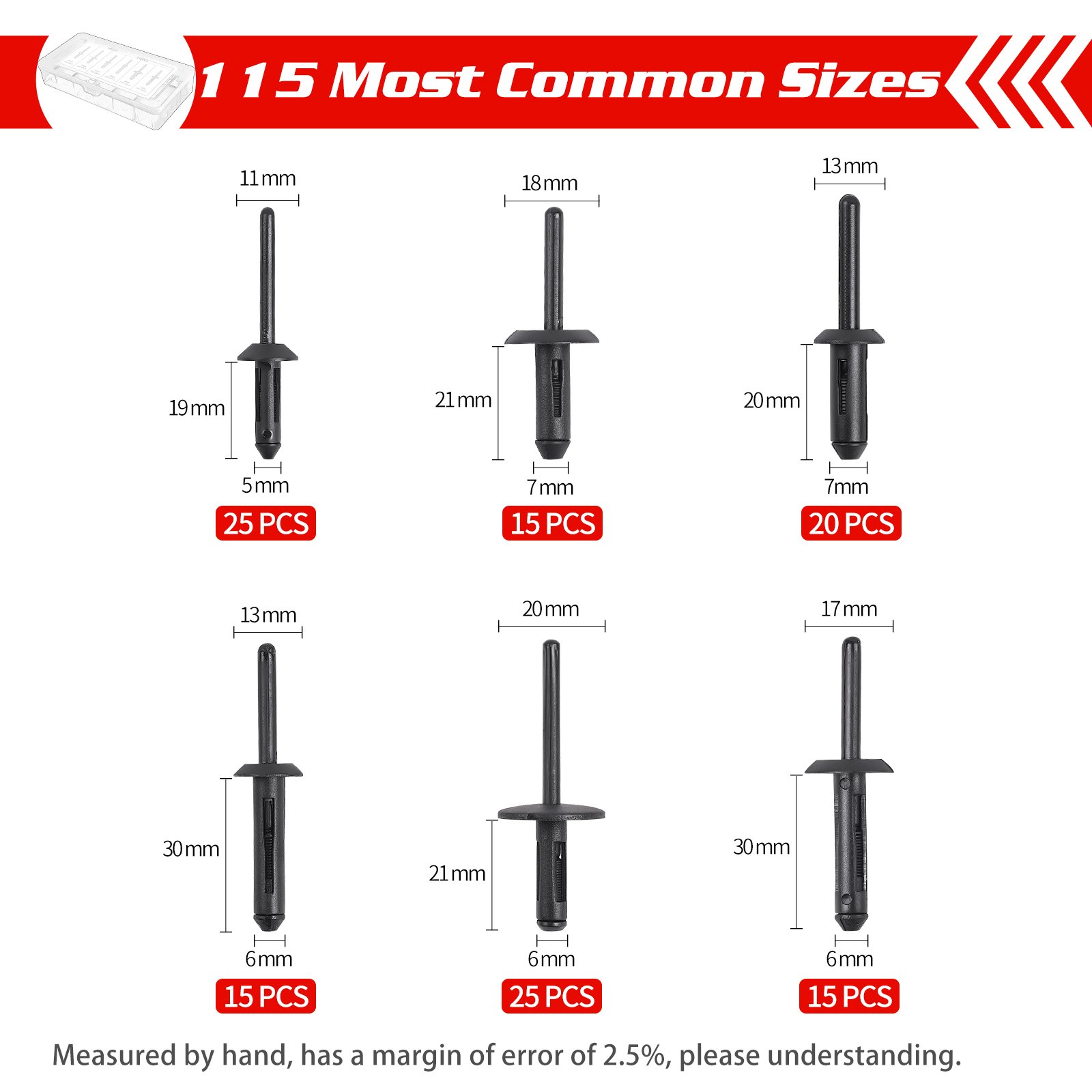QGZ128 115PCS Automotive Universal Nylon Pop Rivet Assortment 6 Most Popular Sizes Car Black Rivet Kit For GM Ford Chrysler VW
