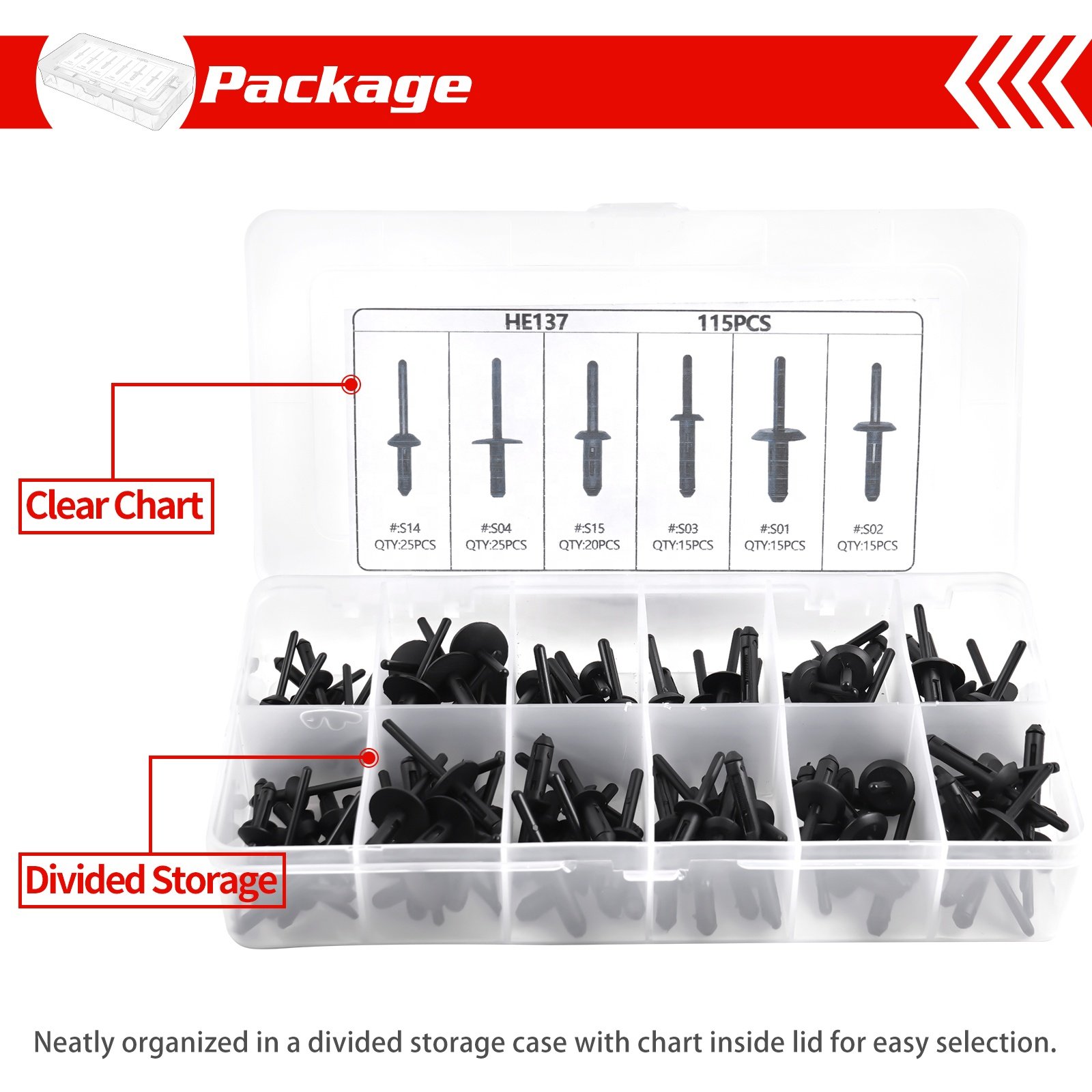 QGZ128 115PCS Automotive Universal Nylon Pop Rivet Assortment 6 Most Popular Sizes Car Black Rivet Kit For GM Ford Chrysler VW