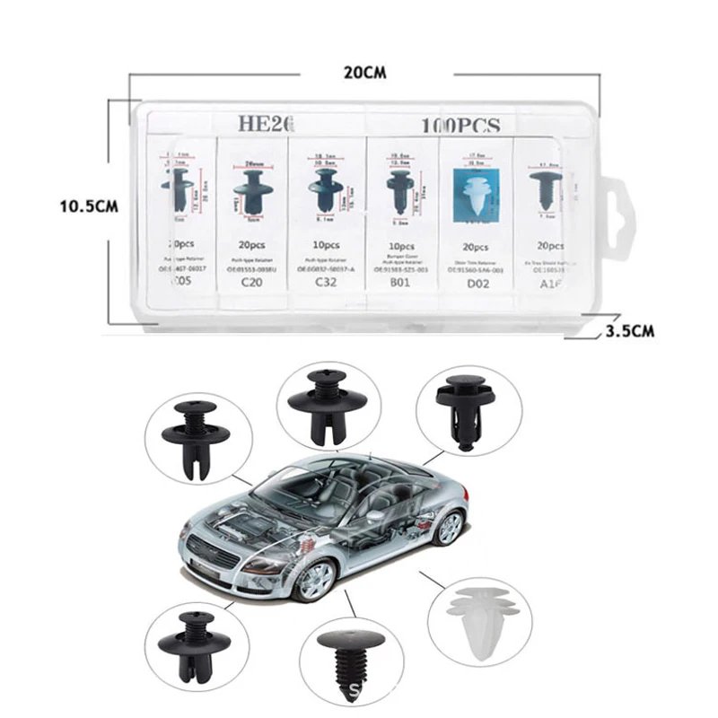 100Pcs Auto Fastener Clip Mixed Car Body Push Retainer Pin Rivet Bumper Door Trim Panel Fastener Kit Car Clips Box Bag