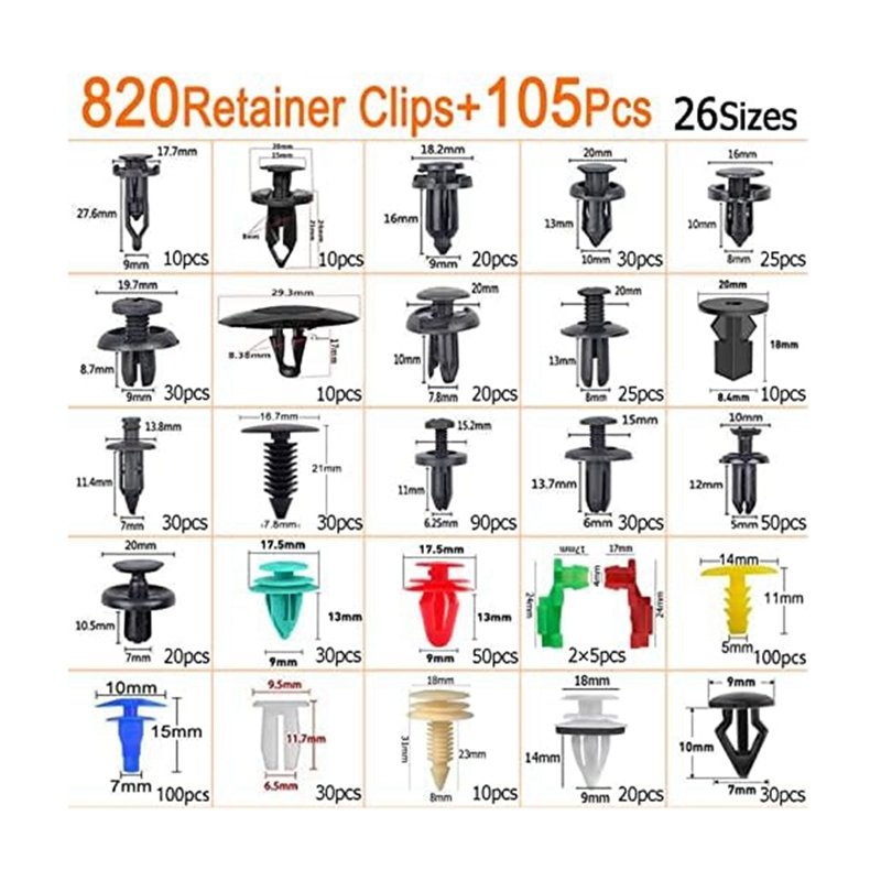 925Pcs Car Bumper Retainer Clips Plastic Rivets Fasteners Handle Rod Clip, 26 Sizes Auto Push Pin Rivets Set