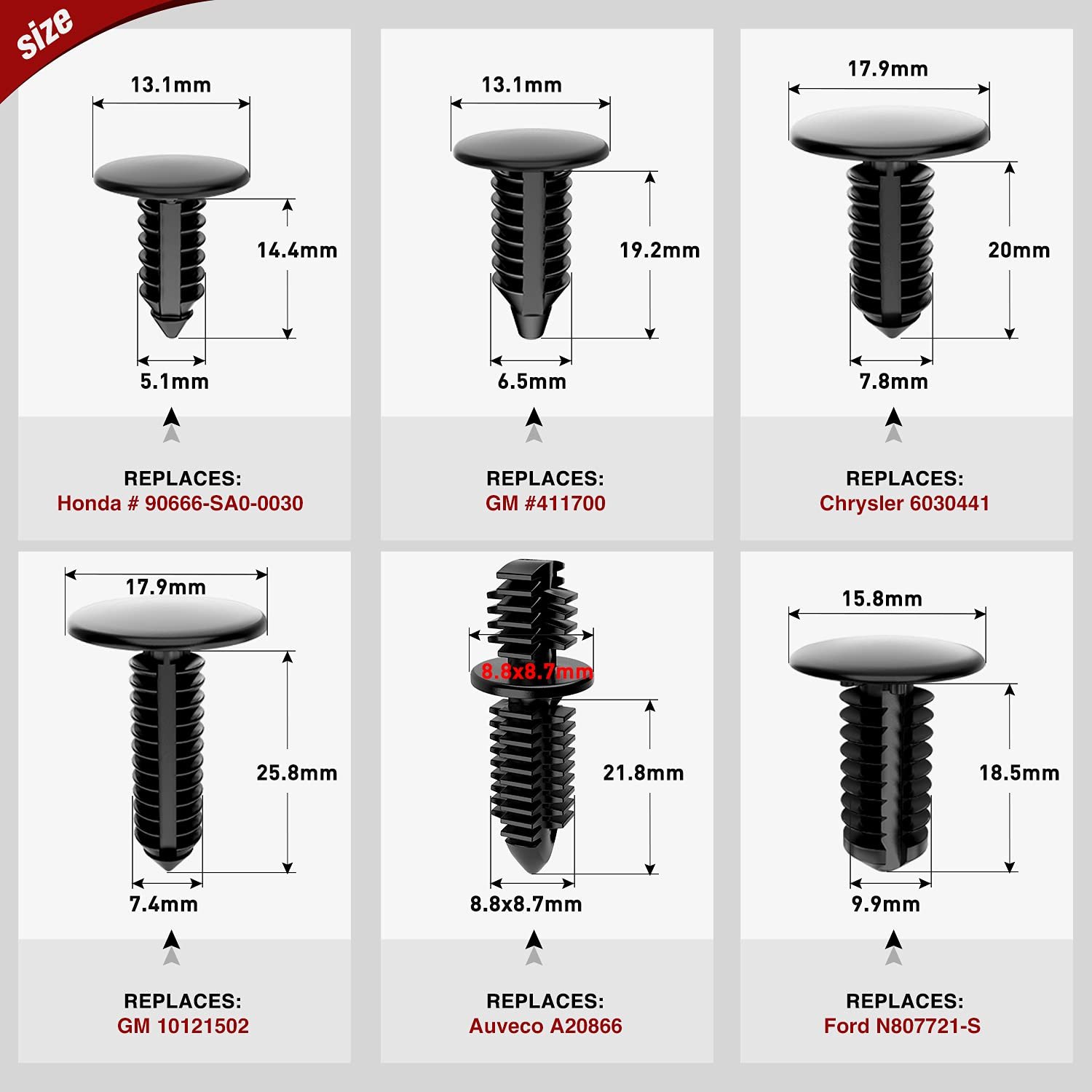 146PCS 6 Most Common Sizes Universal Auto Body Shield Retainer Fastener Car Clips for GM Ford Honda Chrysler
