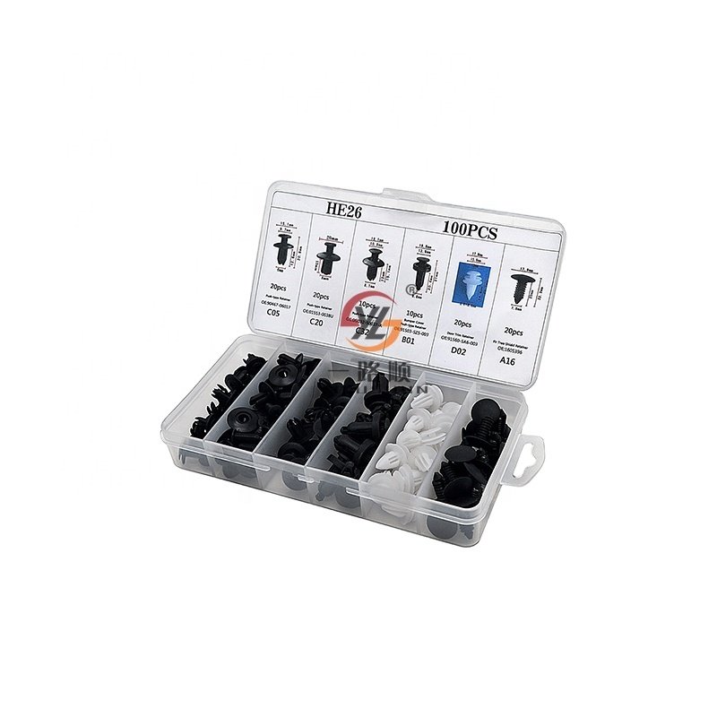 100pcs HE26 Automotive Fastener Kit Push Retainer Kit Car Clip Bumper Assorted Plastic Clips Plastic Box 80Set/Carton