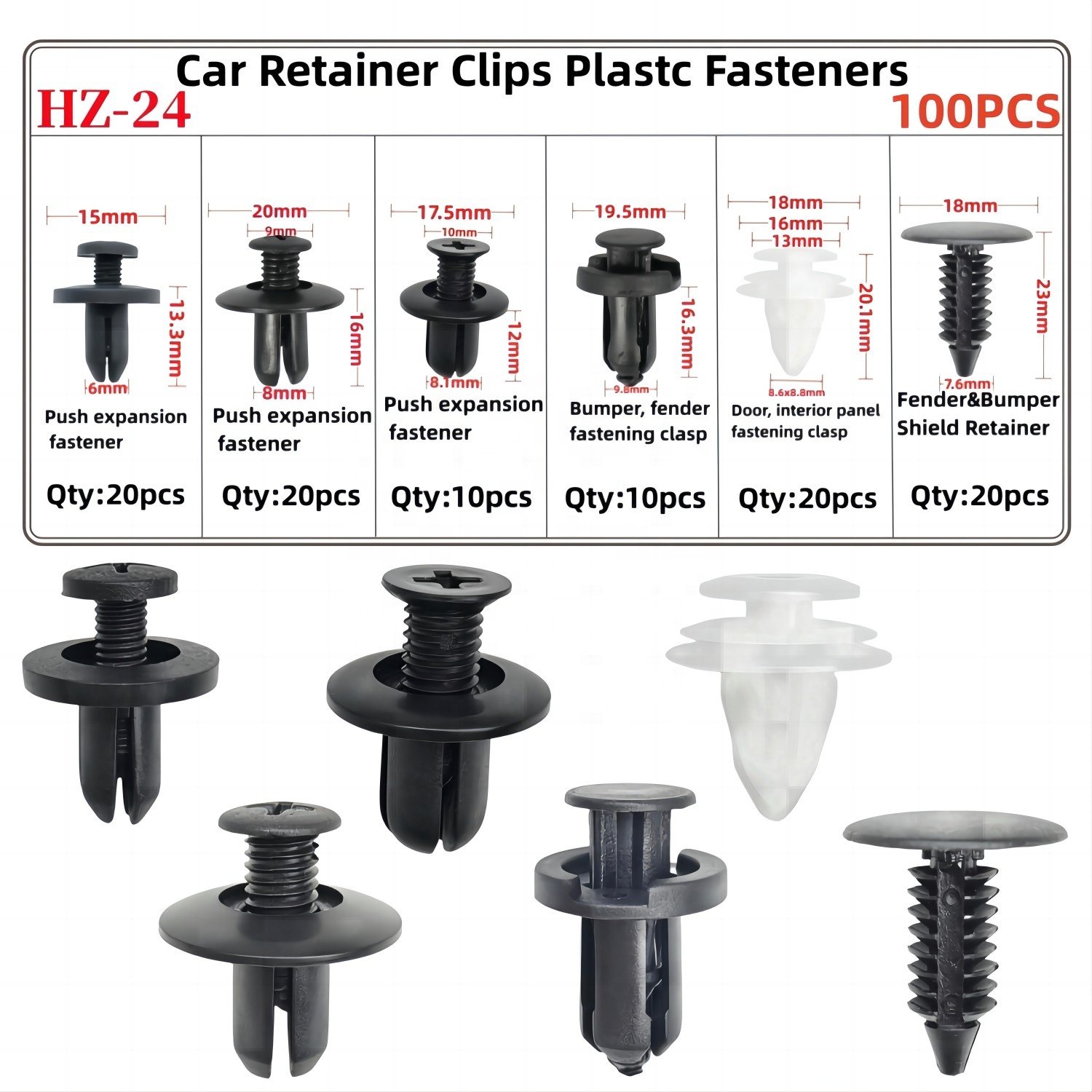 100pcs Auto Fastener Clip Bumper Retainer Clips Nylon Fasteners Rivet Kit Door Trim Panel Clips Set