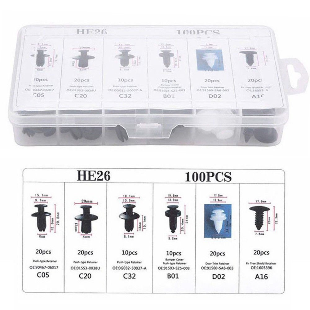 C0013 100PCS HE26 Mixed car Auto Fastener Clip Body Push Retainer car clips Plastic rivet Bumper Door Trim Panel Fastener Kit