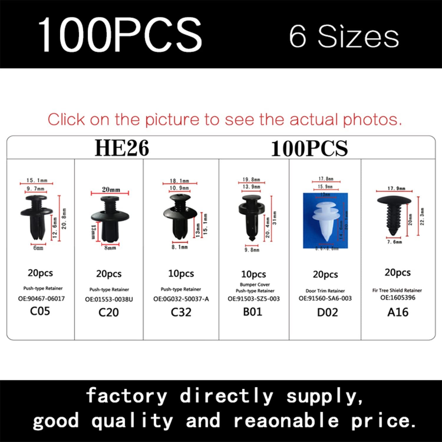 C0013 100PCS HE26 Mixed car Auto Fastener Clip Body Push Retainer car clips Plastic rivet Bumper Door Trim Panel Fastener Kit