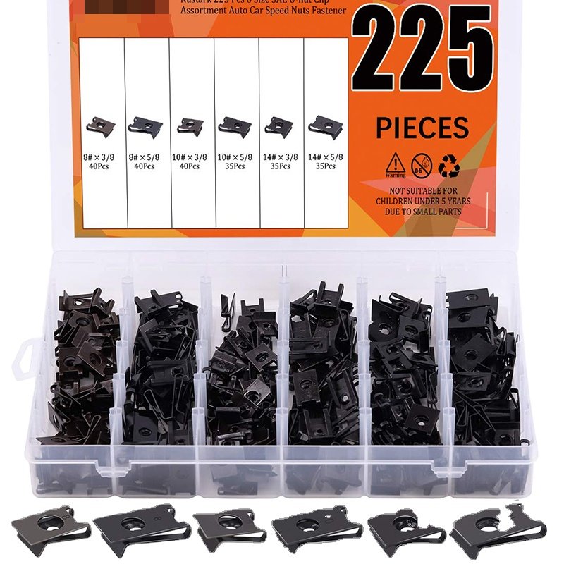 225 Pcs U-Type Nut Clip Assortment 6 Sizes Fastener Speed Nuts for Auto Car Metric Measurement System