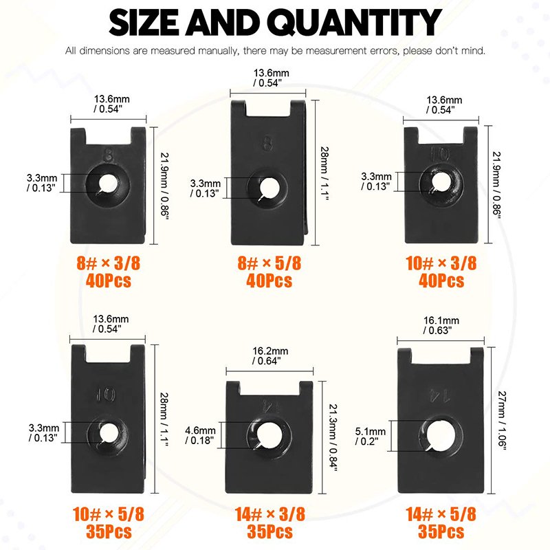 225 Pcs U-Type Nut Clip Assortment 6 Sizes Fastener Speed Nuts for Auto Car Metric Measurement System