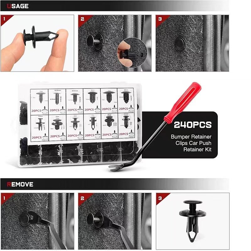 240 Piece Car Fixer Expansion Screw Replacement Kit Bumper Push Rivet Clip with 5 Piece Fastener Remover High Quality
