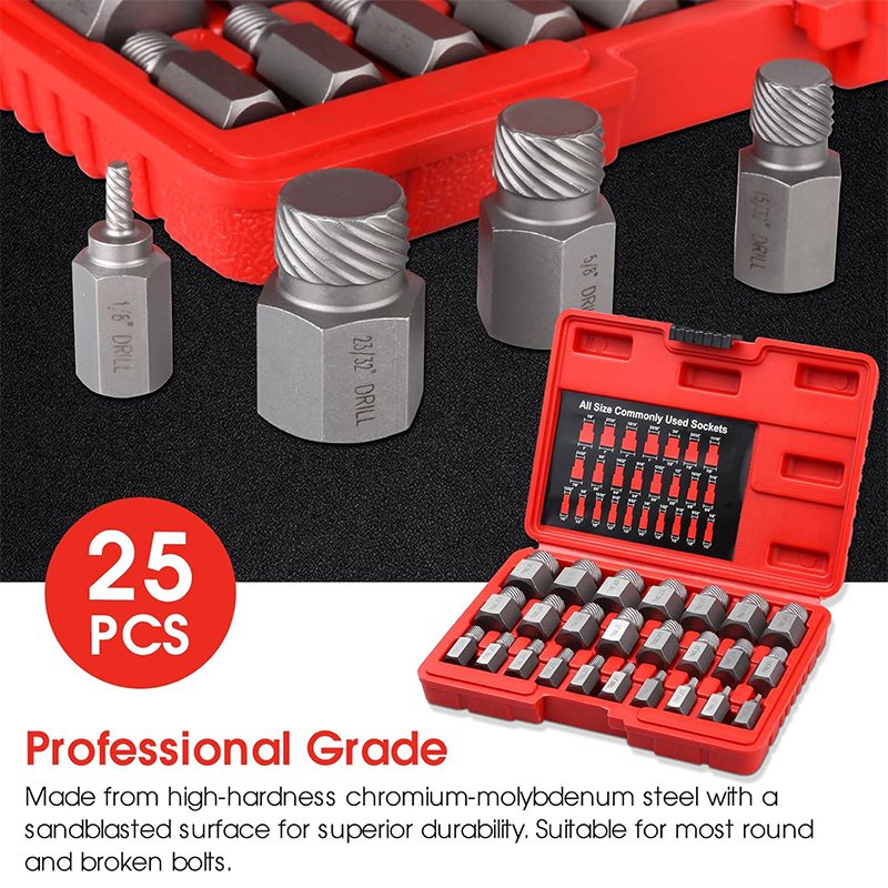 25-Pieces Heavy-Duty Screw Extractor Set Hex Head Multi-Spline Easy Out Bolt Extractor Set