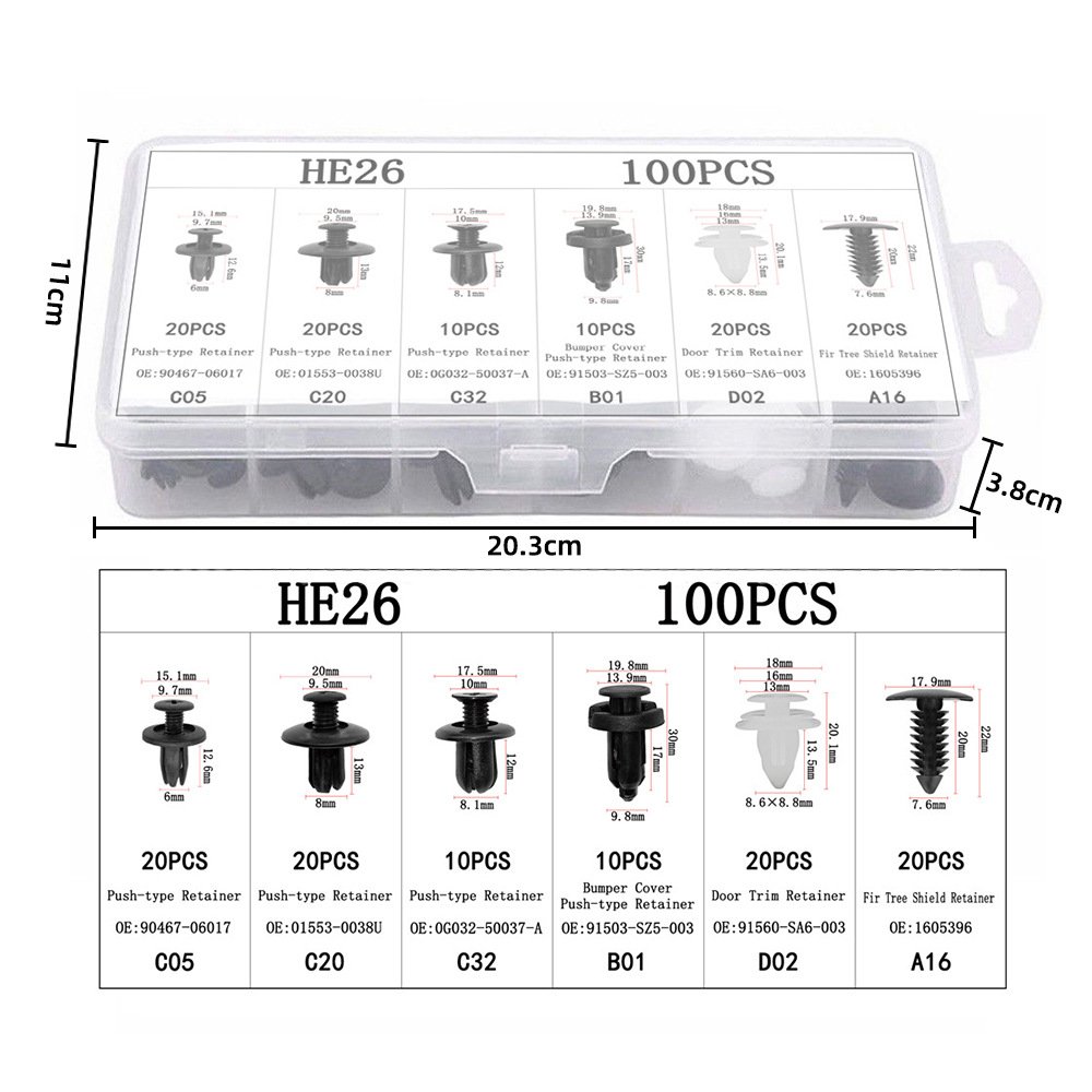 100pcs Mixed Auto Fastener Clip Car Body Retainer Pin Rivet Bumper Door Trim Panel Retainer Car Accessories