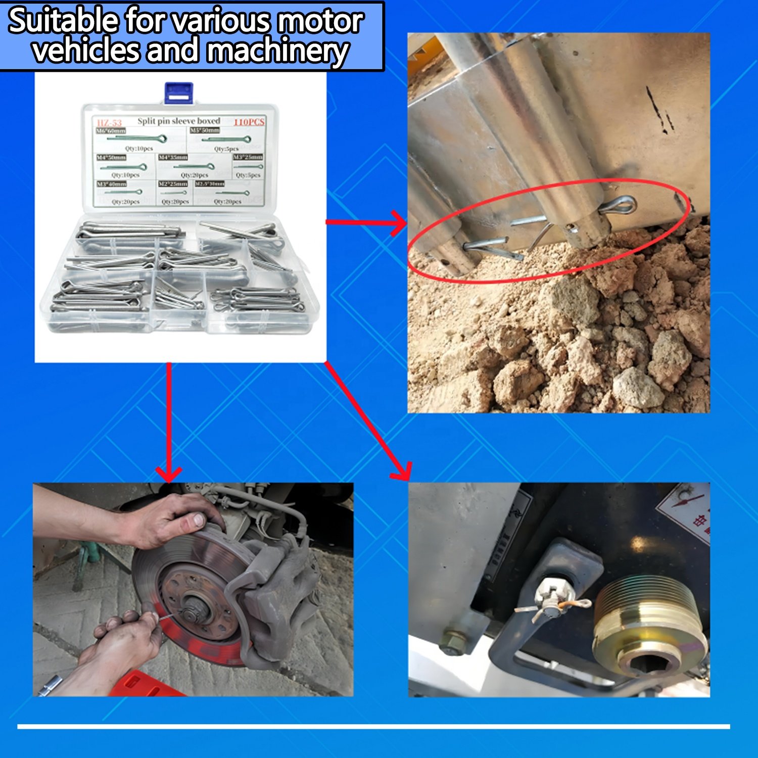 110PCS 8Kinds Cotter Pin Positioning Spring Cylindrical Pin Hollow Pin Stainless Steel Set for Motor Vehicles and Machinery