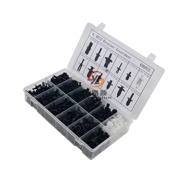 HE12 Assorted Auto Clip Fastener Fir Tree Fasteners Box 12 Kinds Push Type Clip Assortment Automobile Plastic 690pcs/box