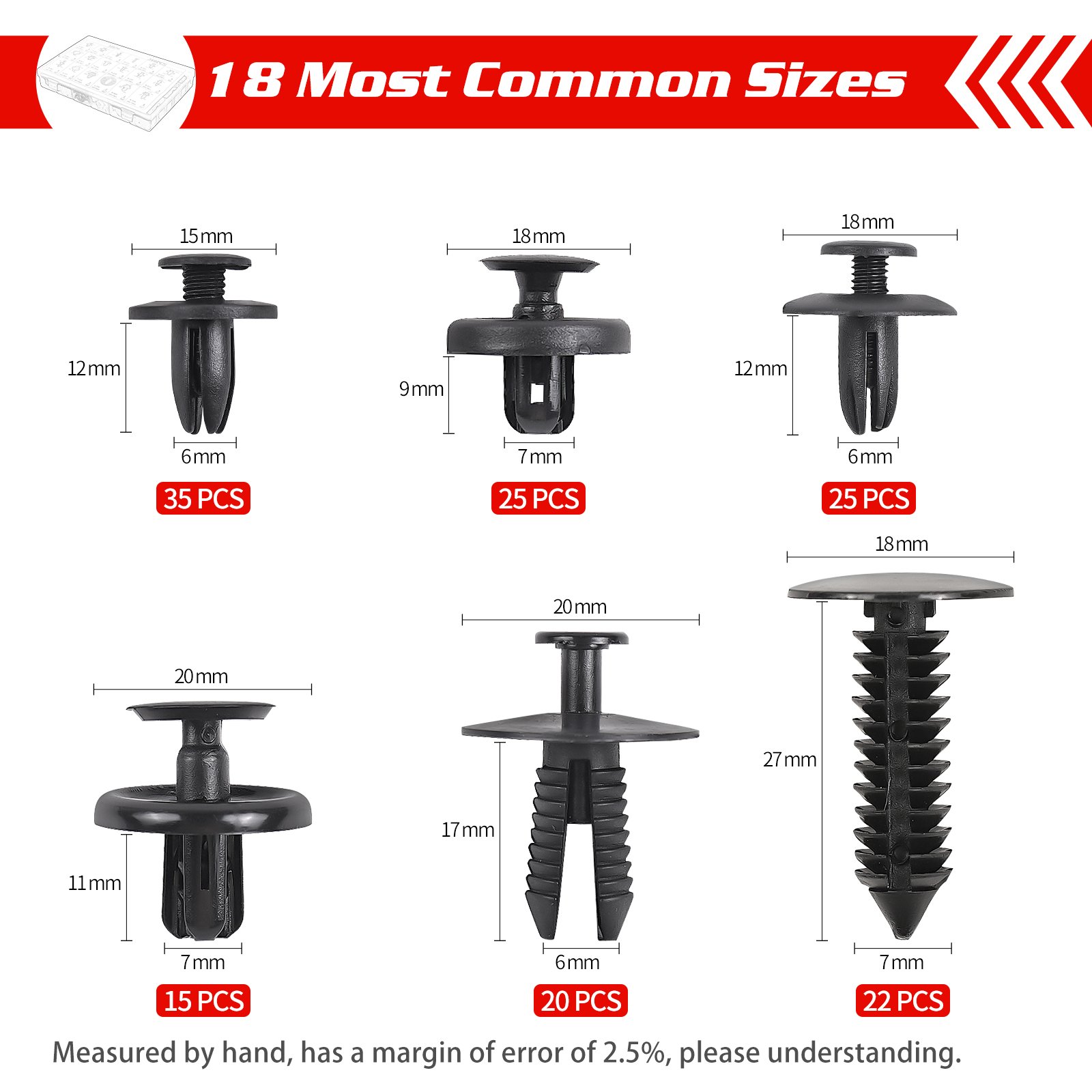 QGZ133 390PCS Automotive Retainer Clips 18 Most Common Sizes Nylon Push Car Body Clips for Benz BMW Toyota Honda Subaru Nissan