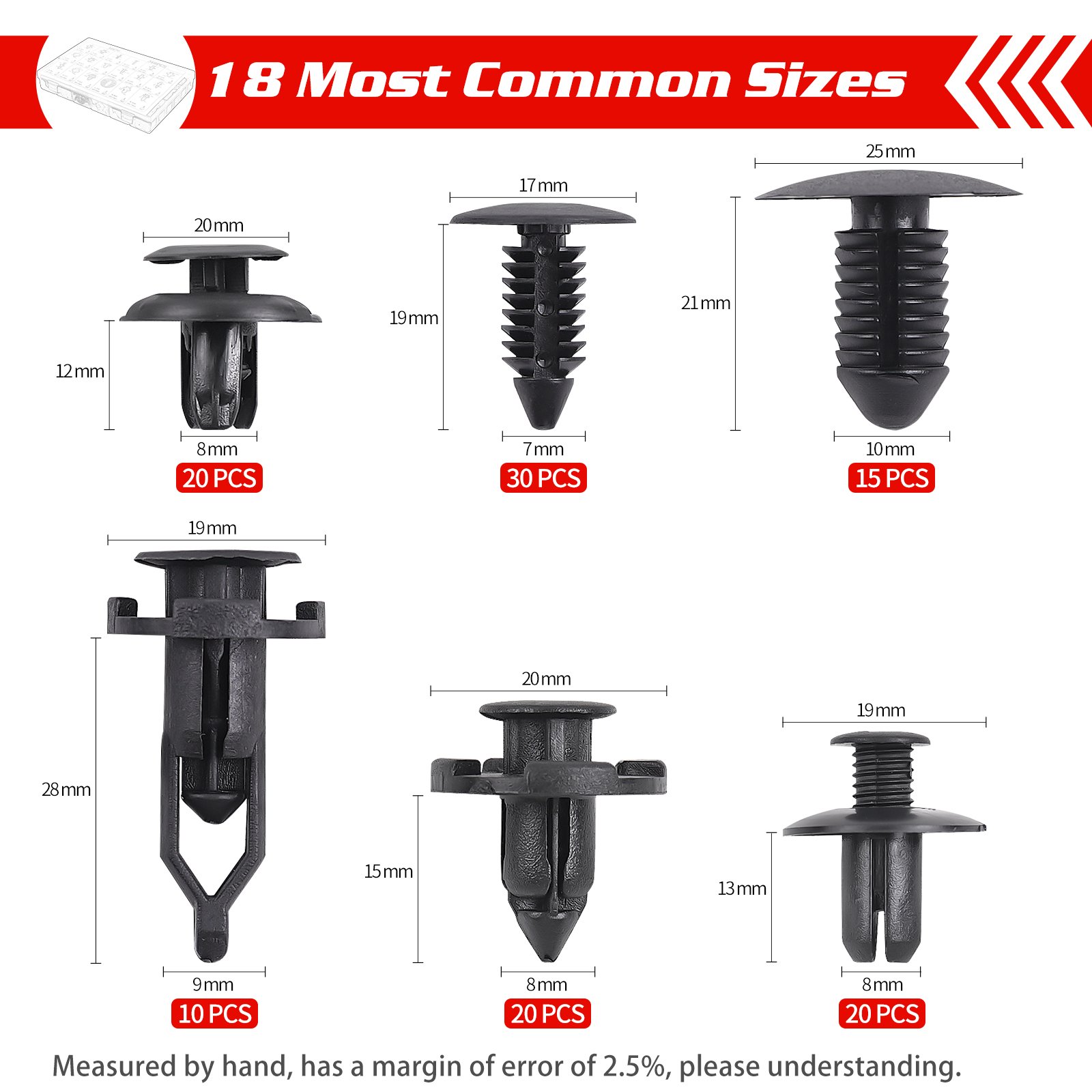 QGZ133 390PCS Automotive Retainer Clips 18 Most Common Sizes Nylon Push Car Body Clips for Benz BMW Toyota Honda Subaru Nissan