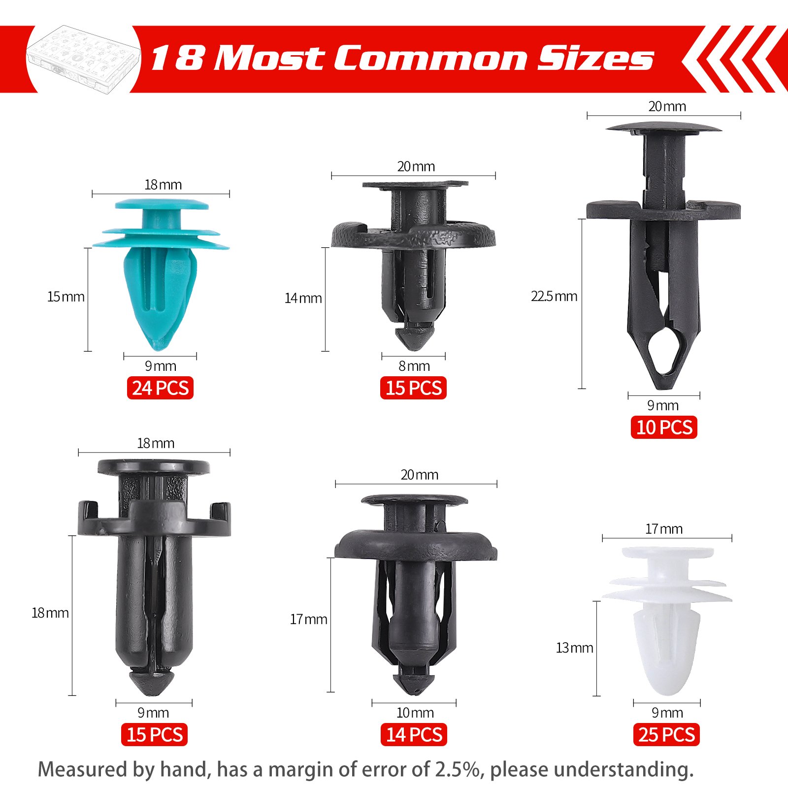 QGZ133 390PCS Automotive Retainer Clips 18 Most Common Sizes Nylon Push Car Body Clips for Benz BMW Toyota Honda Subaru Nissan