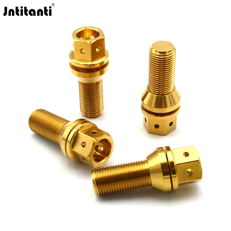 HRmin Gold Color 17mm Drilled Hex Floating Cone Seat Gr.5 Titanium Ti-6Al-4V Automobile Vehicle Car Wheel Bolts M12x1.25x28mm