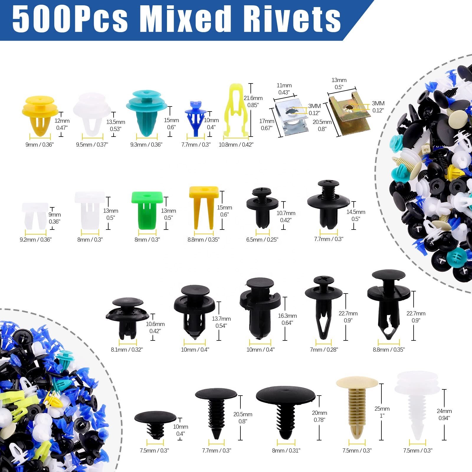 500Pcs Mixed Auto Plastic Clips for Cars Retainer Fastener Push Clips Set Bumper Fender Trim Panel Shield Engine Rivet