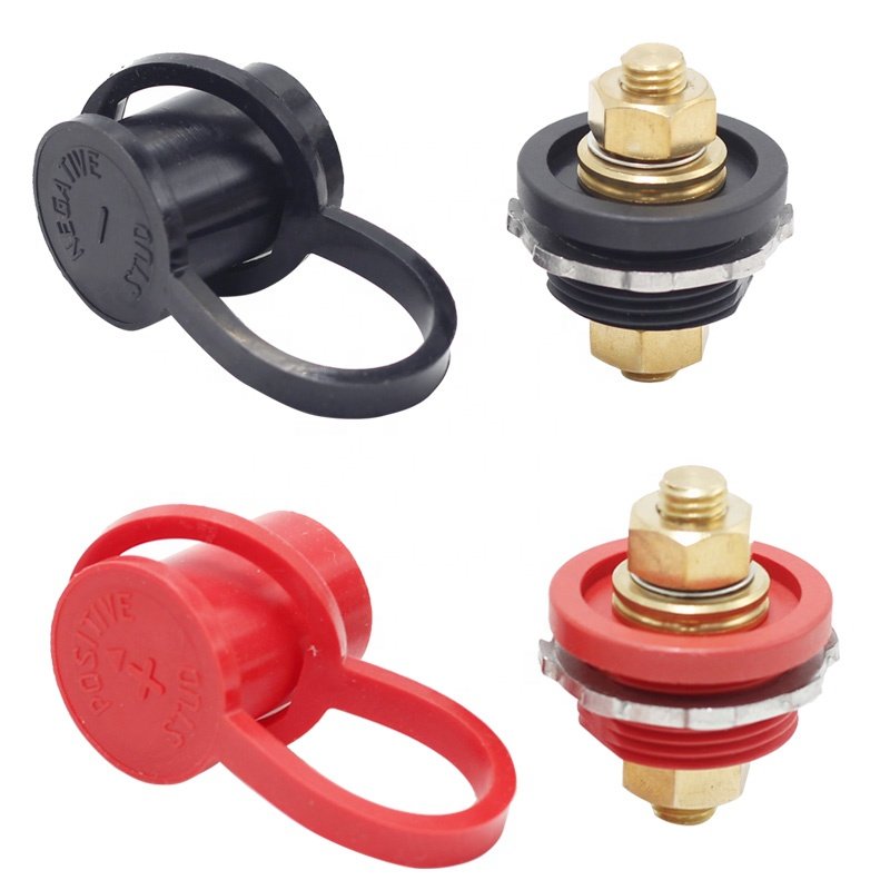 Thru Panel Dual Battery Connectors 3/8" Stud Screw Copper 250A Battery Charging Jump Post with Cover for Auto RV Truck Can-am