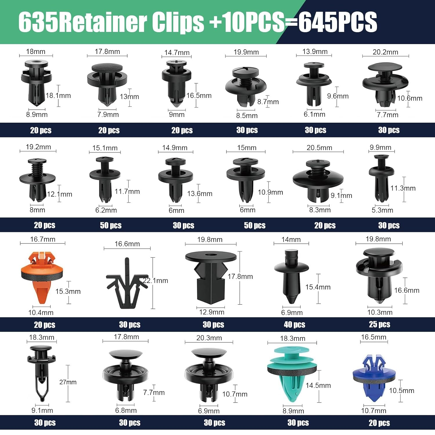 635 Car Push Retainer Clips Auto Fasteners Assortment Nylon Bumper Fender Rivets with Cable Ties for Toyota GM Ford Honda Chevy