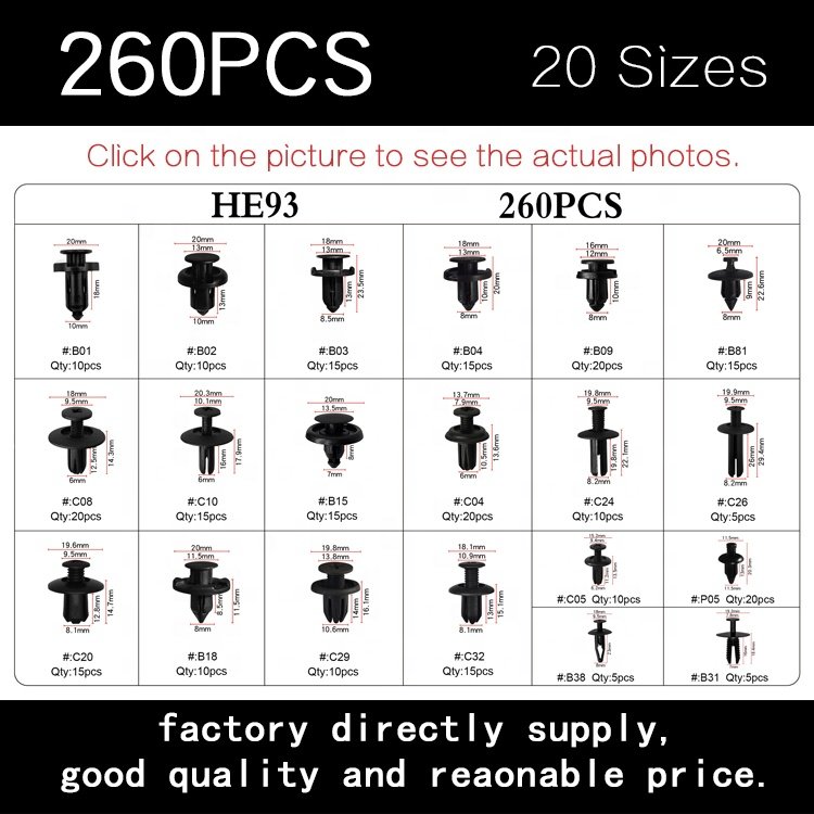 HE93 260 Pcs Auto Clips Assortment Retainer Set -18 MOST Popular Sizes Auto Push Rivets Set Plastic Car Clips And Fasteners