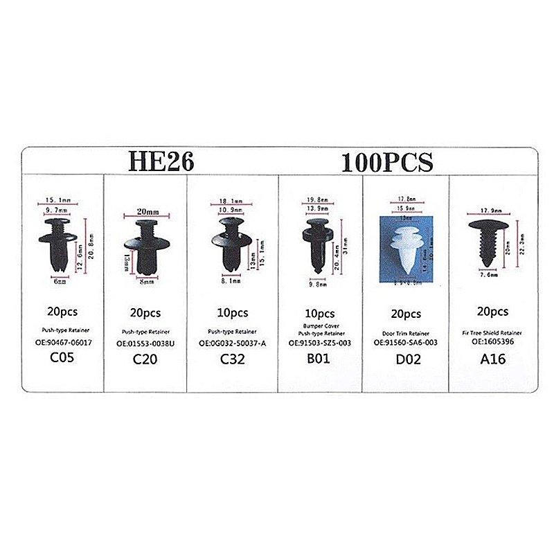 100PCS OPP Bag Mixed Pack 6 Kinds Universal Car Buckle Plastic Fixed Buckle Fastener Expansion Screw