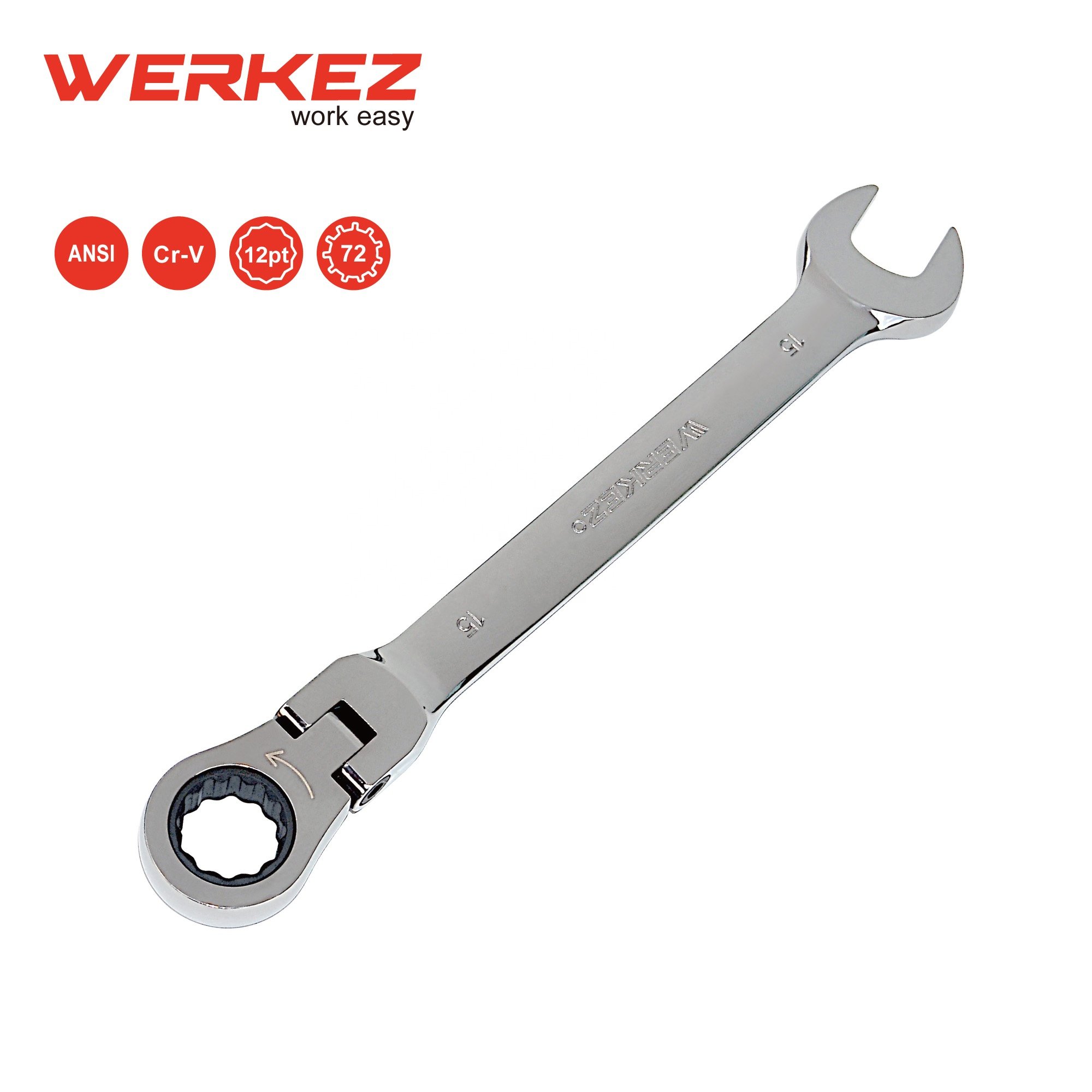 Werkez 72-Tooth Cr-V 15mm Flexible Ratcheting Combination Wrench Hand Tool with Spud Wrench Chrome Steel OEM Supported