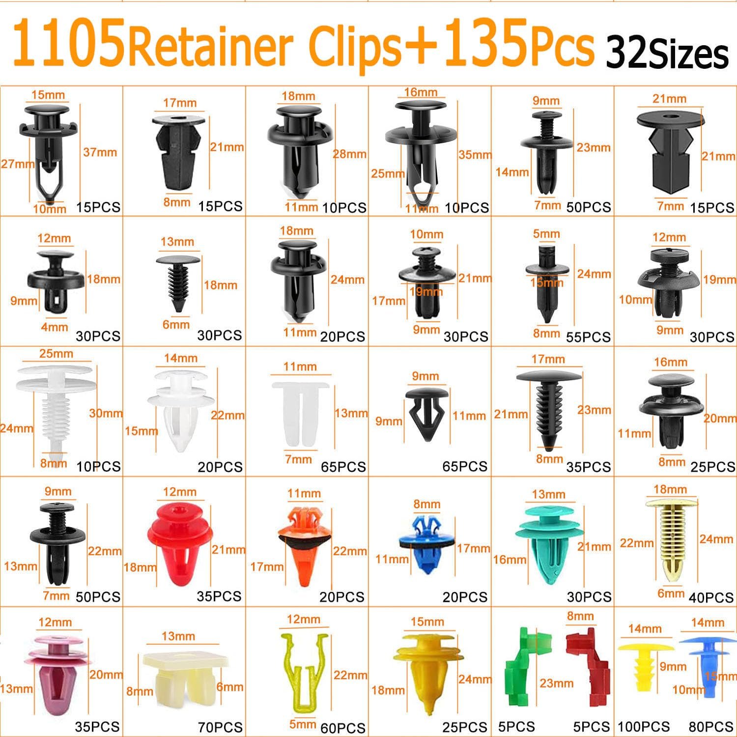1240Pcs Car Push Retainer Clips & Auto Fasteners Kit 32 types of automotive bumper fastener kits