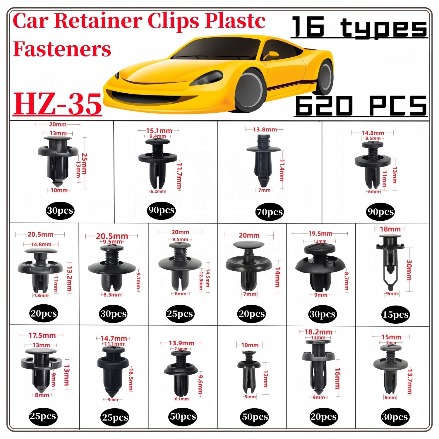 620Pcs 16 Most Popular Sizes Nylon Bumper Fender Rivets Car Push Retainer Clips