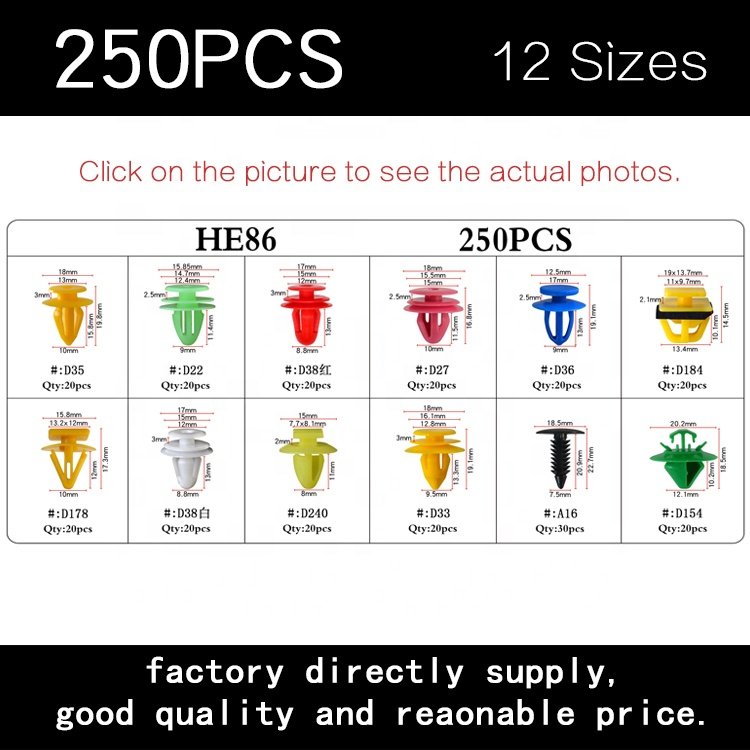 HE86 12kinds Different Fasteners 250pcs Assorted Car Bumper Door Fender Retainer Fastener Clip Moulding FIxing Trim Clips