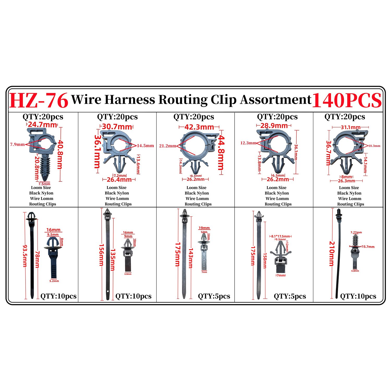 140PCS 10Kinds Car Fastener Clips Wire Cable Loom Routing Clip tie strap fastening clip set