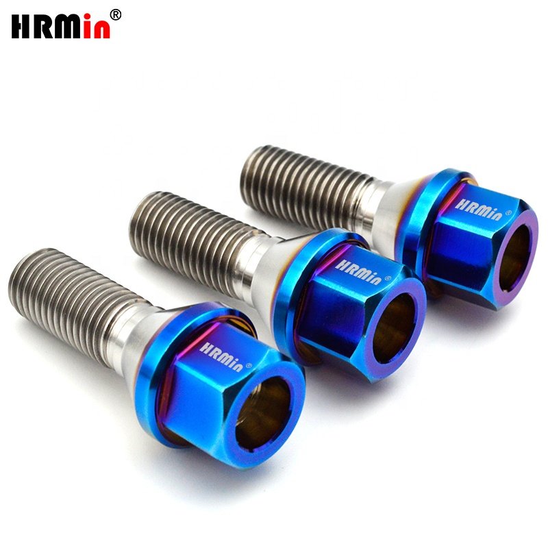 HRmin Burnt Blue Color 17mm Hollow Hex Cone Seat Gr.5 Titanium Ti-6Al-4V Automobile Vehicle Car Wheel Bolts M14x1.25x28mm