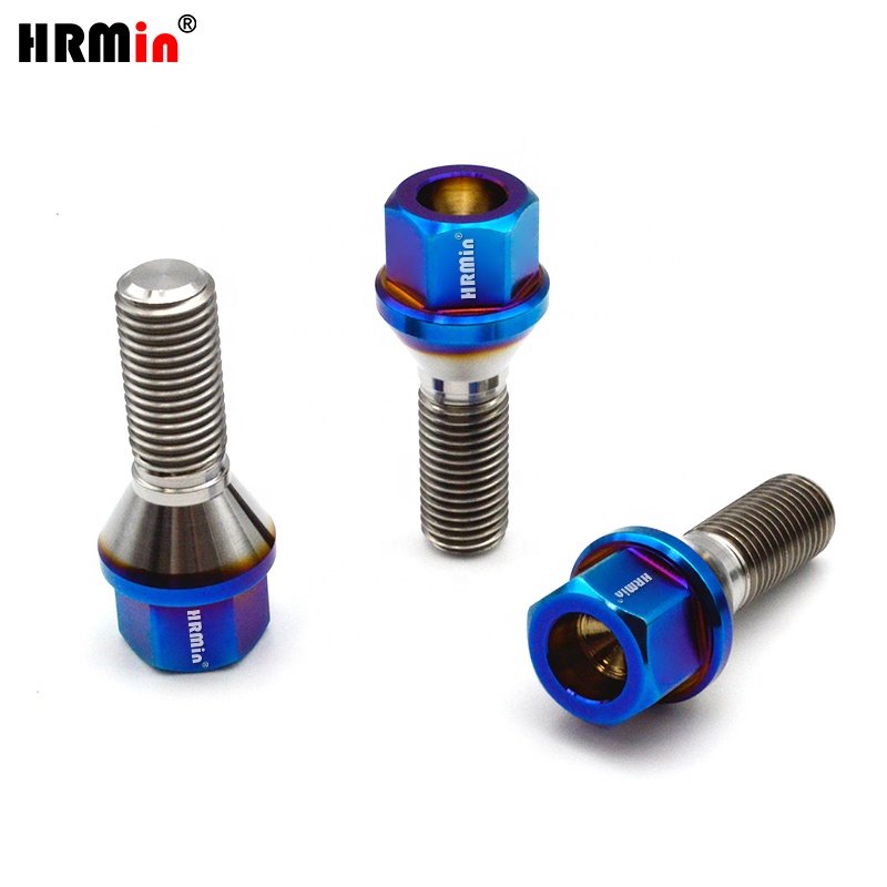 HRmin Burnt Blue Color 17mm Hollow Hex Cone Seat Gr.5 Titanium Ti-6Al-4V Automobile Vehicle Car Wheel Bolts M14x1.25x28mm